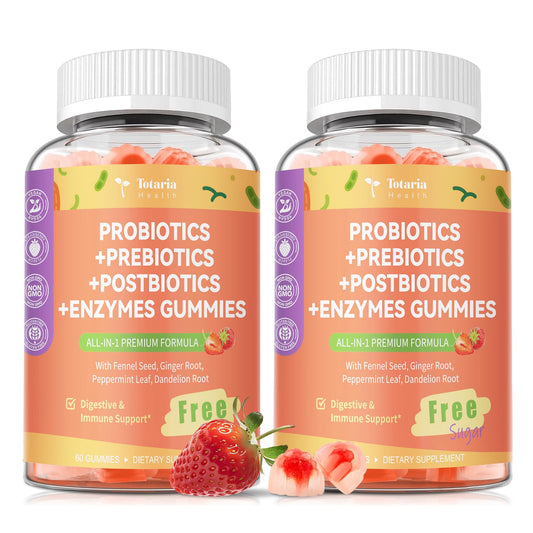 (2 Packs) Totaria Sugar Free 5-in-1 Probiotic Prebiotic Postbiotic Gummy, Probiotics for Women Men with Digestive Enzymes, Peppermint, Complete Immune, Gut & Digestive Support, Vegan Strawberry Flavor TotariaUS supplements