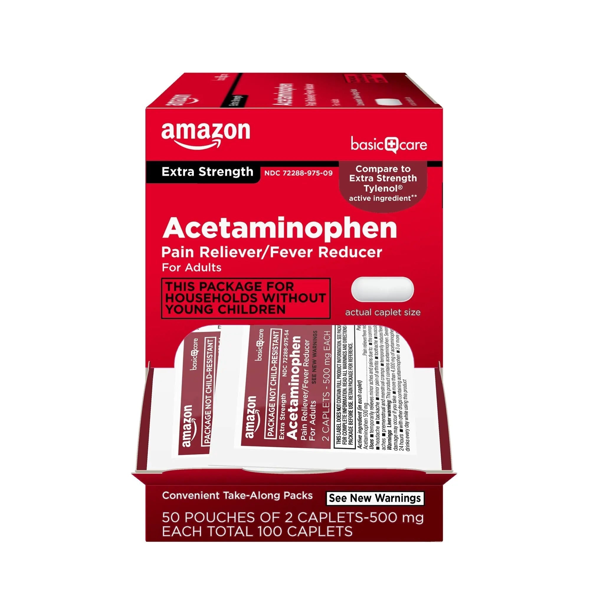 Amazon Basic Care Extra Strength Acetaminophen Caplets 500 mg, Pain Reliever and Fever Reducer, Gentle on Stomach, For Arthritis Pain, Backache Pain and More, 50 Packets of 2 Capsules Each, 100 Count Amazon Basic Care Au supplements