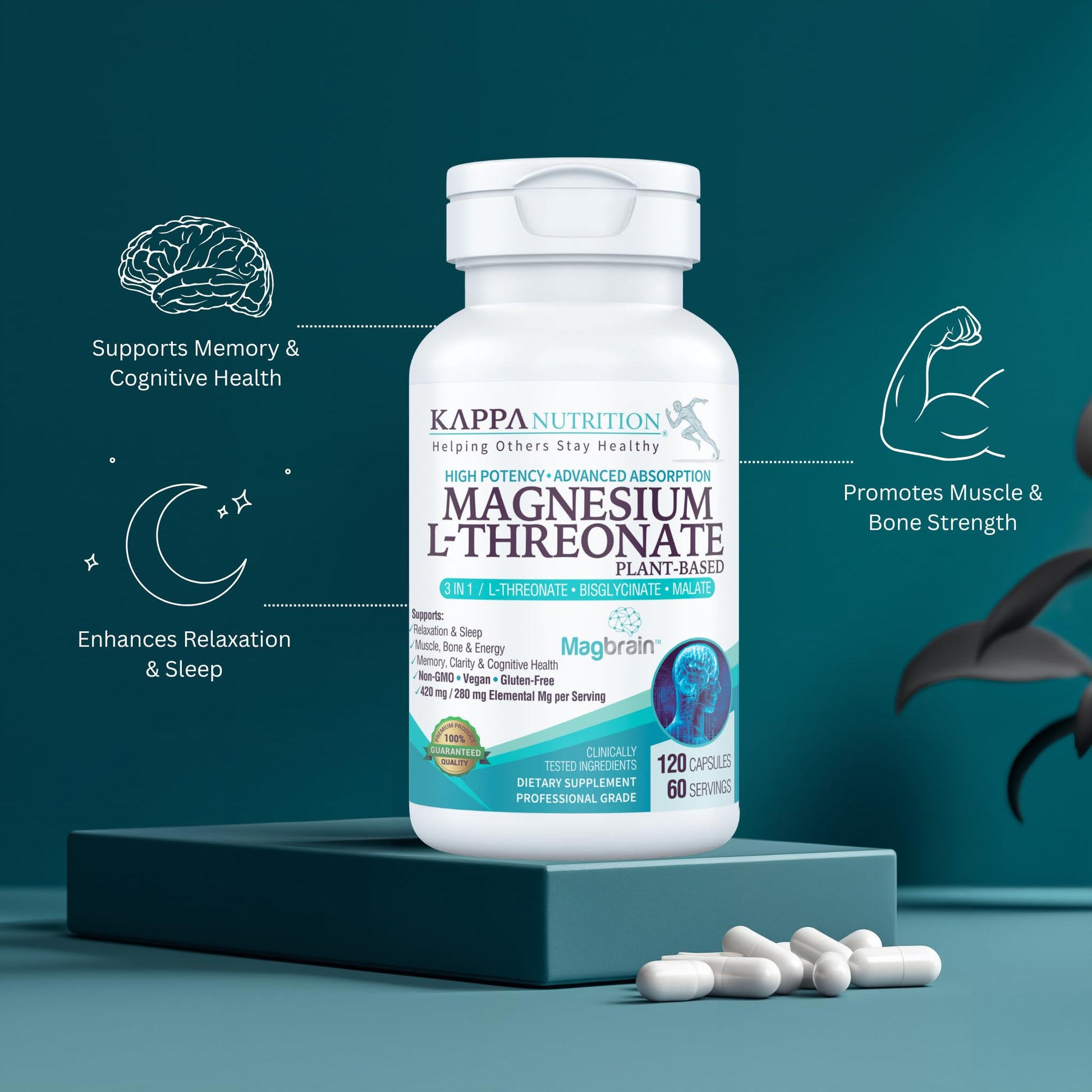 Kappa Nutrition Powered by Magbrain™ Magnesium L-Threonate Plant-Based, 420mg Elemental Magnesium (3 Capsules) from 2,253mg, 120 Vegan Capsules, Brain, Sleep & Muscle Support. KAPPA NUTRITION Au supplements