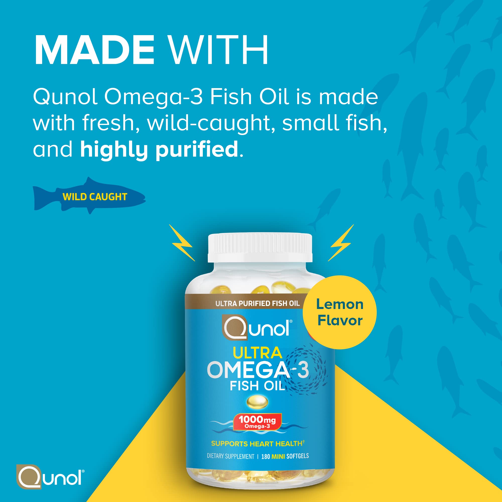 Qunol Fish Oil Omega 3 Mini Softgels, 1000mg Omega 3 EPA + DHA, Ultra Pure Supplements, Heart Health Support, Lemon Flavor, Easy to Swallow Minis, 3 Month Supply, 180 Count Qunol Au supplements