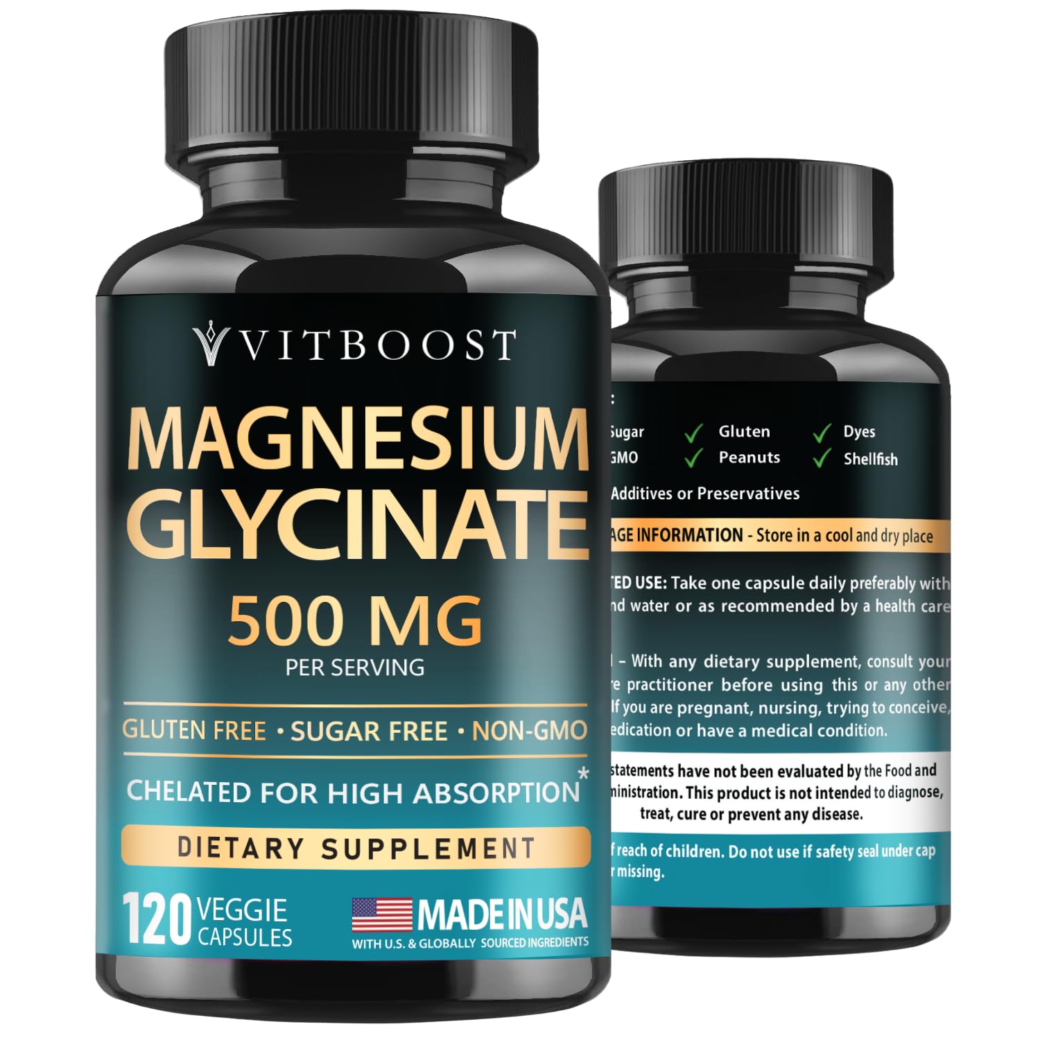 VITBOOST Magnesium Glycinate 500mg - High Absorption Chelated Supplement - Supports Sleep, Muscle Recovery & Heart Health - Non-GMO, Vegan - 120 Capsules - Made in USA VITBOOST Au supplements