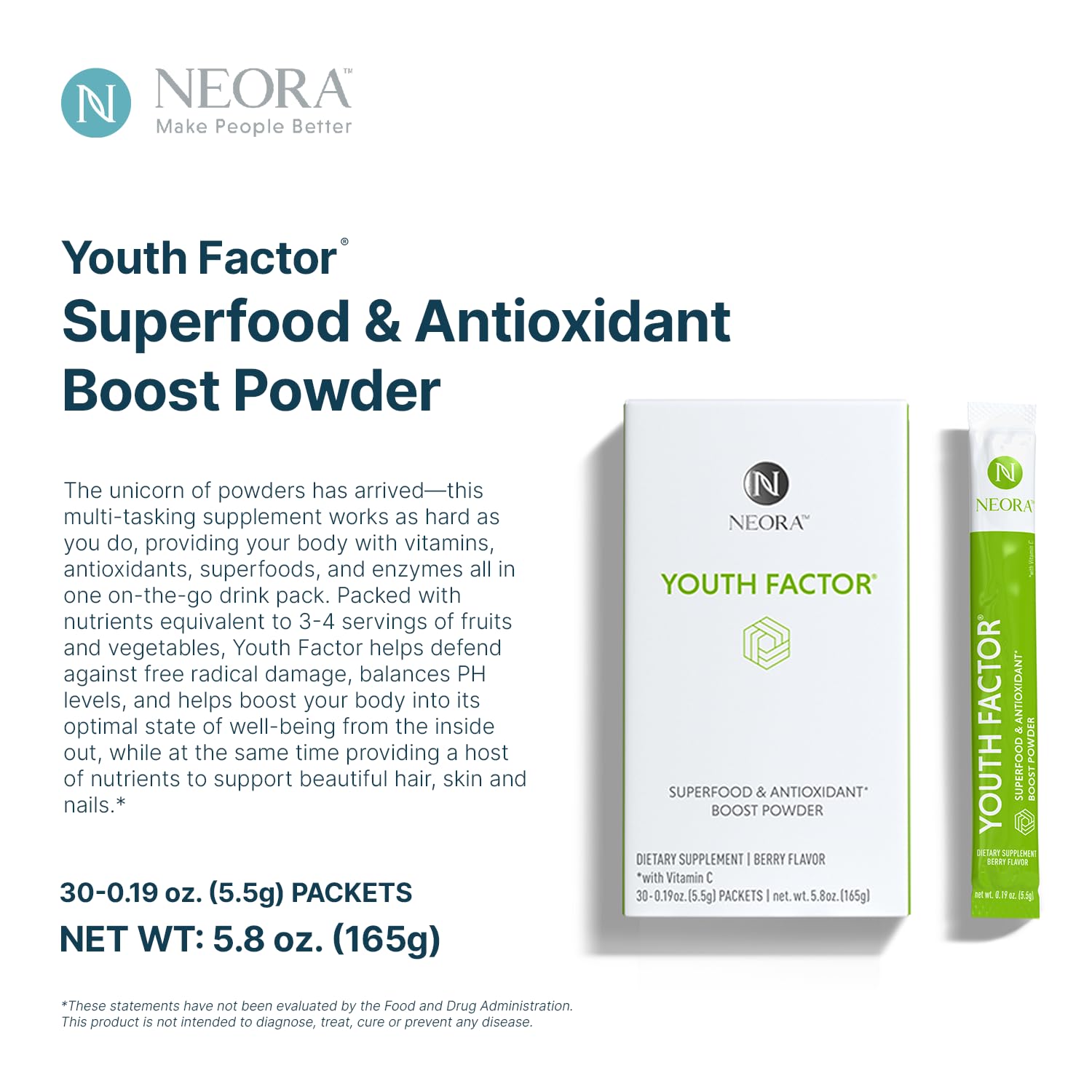 NEORA Youth Factor - Superfood Boost Powder - pH Balance, Hair Skin Nails Support, Fruits & Veggies Equivalent, Nutrient Absorption - 30 Packets NEORA Au supplements