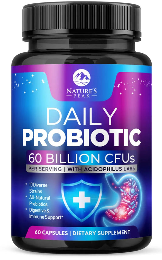 Probiotics 60 Billion CFU - 10 Strains + Digestive Enzymes & Prebiotics - Best Probiotic for Women & Men, Supports Immune, Gut Health, Occasional Constipation, Diarrhea, Gas & Bloating - 60 Capsules Nature's PeakAU supplements
