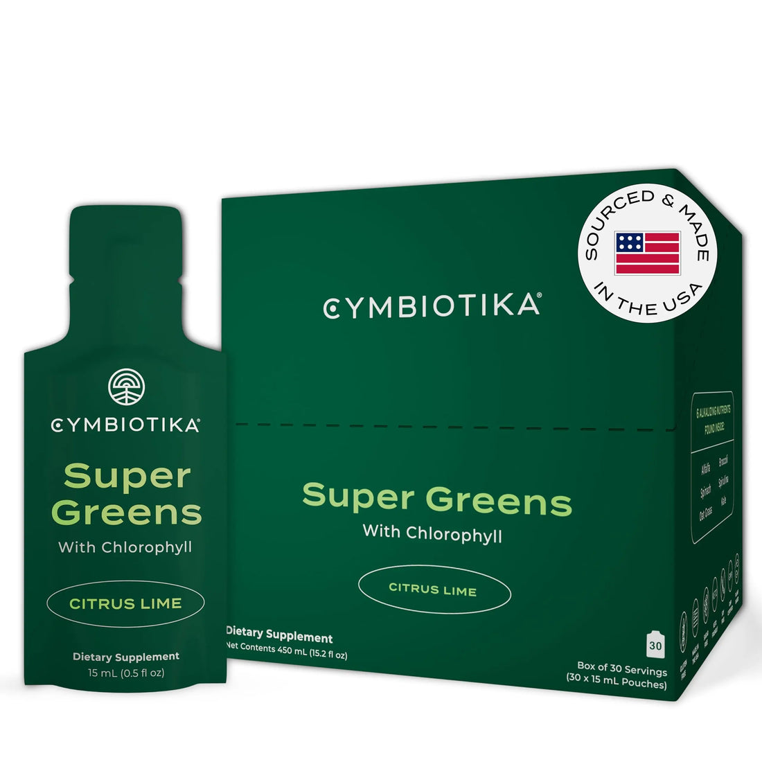 CYMBIOTIKA Super Greens Supplement with Chlorophyll, Spirulina, Daily Vegan Superfood Packets for Digestive Gut Health, Detox, Energy and Immune Support, Citrus Lime Flavor, 15 mL Pouches, 30 Pack CYMBIOTIKA Au supplements