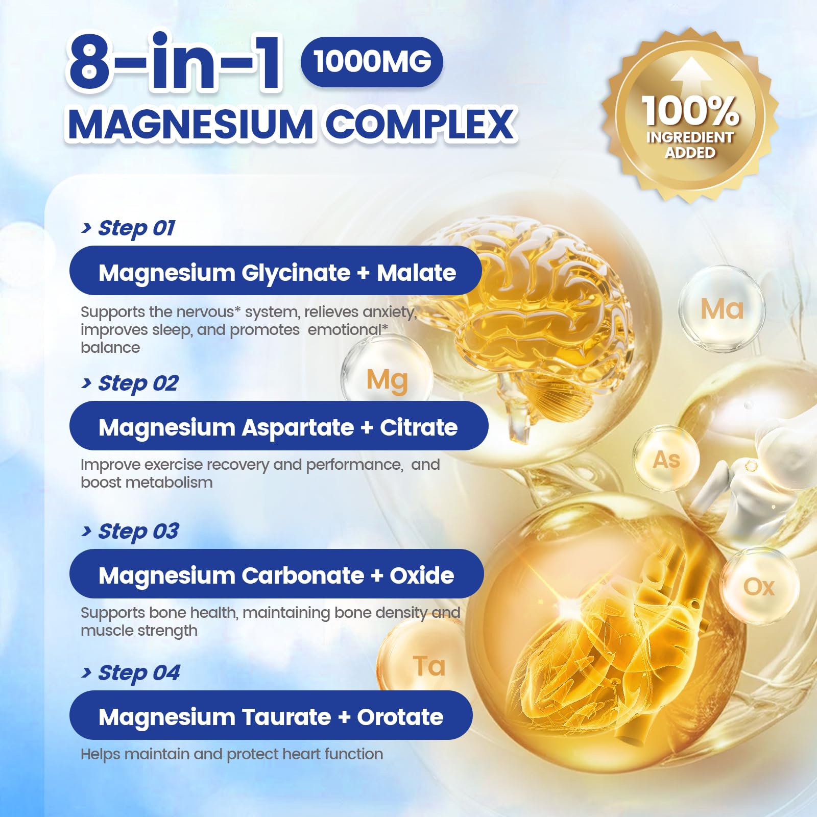 1000mg Magnesium Complex for Women & Men*, 8 Elemental with Magnesium Glycinate, Citrate, Malate, Taurate, Oxide, Carbonate, Aspartate, Orotate for Bones, Muscle, Recovery, Energy, Vegan, 90 Capsules VivoNu Au supplements