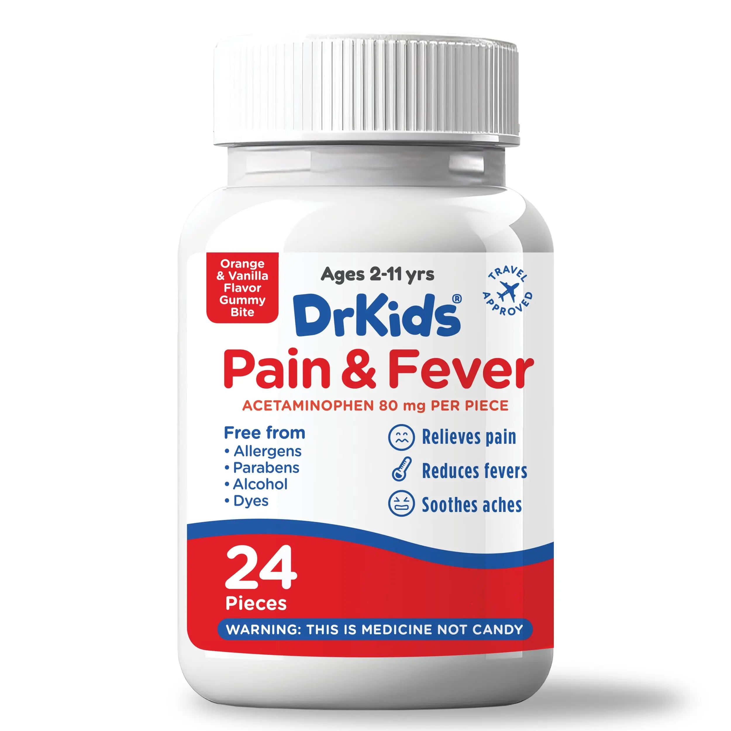 Dr. Kids Children’s Pain and Fever Gummy Bite - Chewable Acetaminophen for Kids Ages 2-11, Pre-Measured Soft Chews for Headache, Sore Throat, Cold and Flu, Orange Vanilla Flavor, 24 Count Dr. Kids Au supplements
