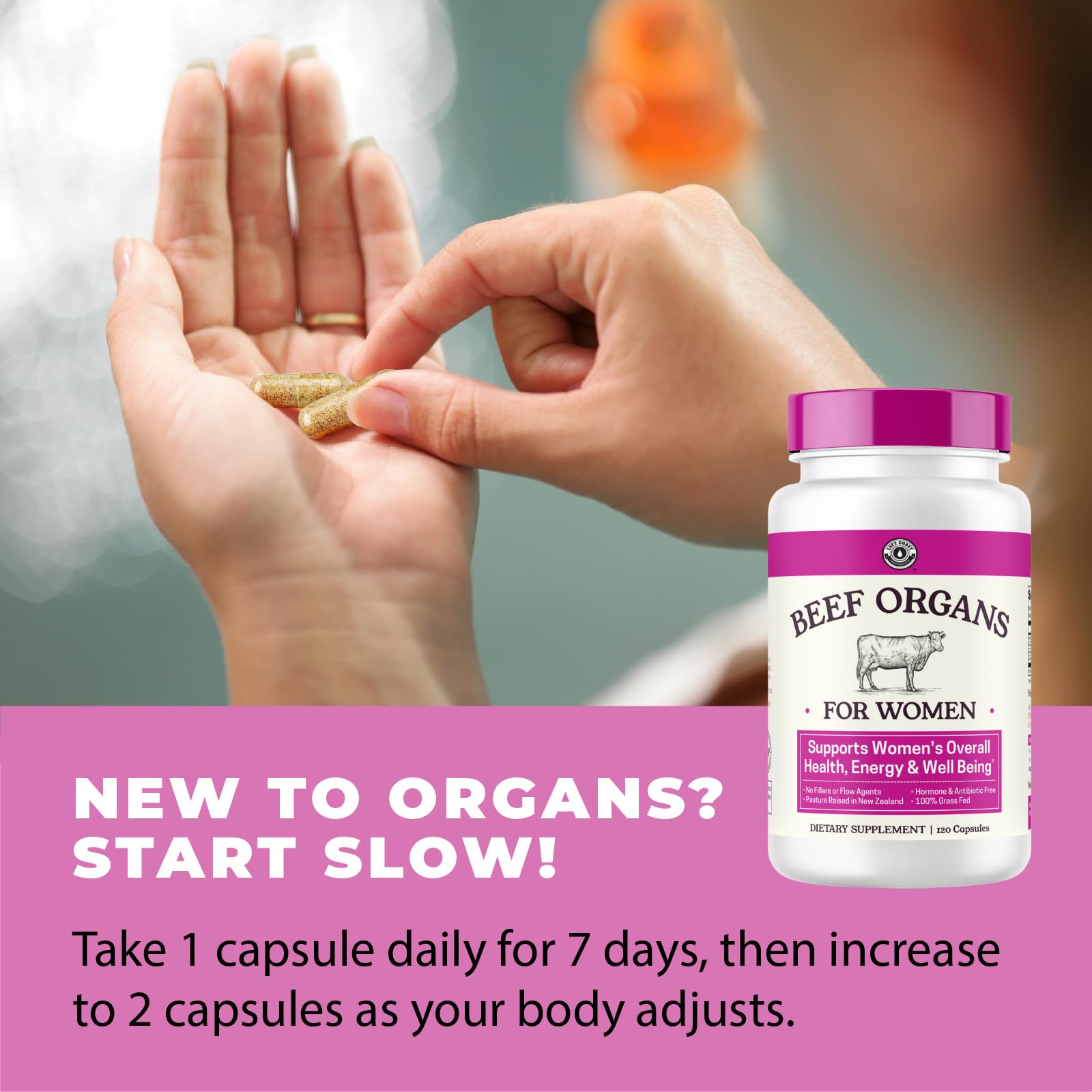 Beef Organ Supplement for Women - Beef Liver, Kidney, Heart and Uterus Tissue, Supports Women's Overall Energy and Health - Pasture Raised in New Zealand - No Fillers or Flow Agents - 120 Capsules Left Coast Performance Au supplements