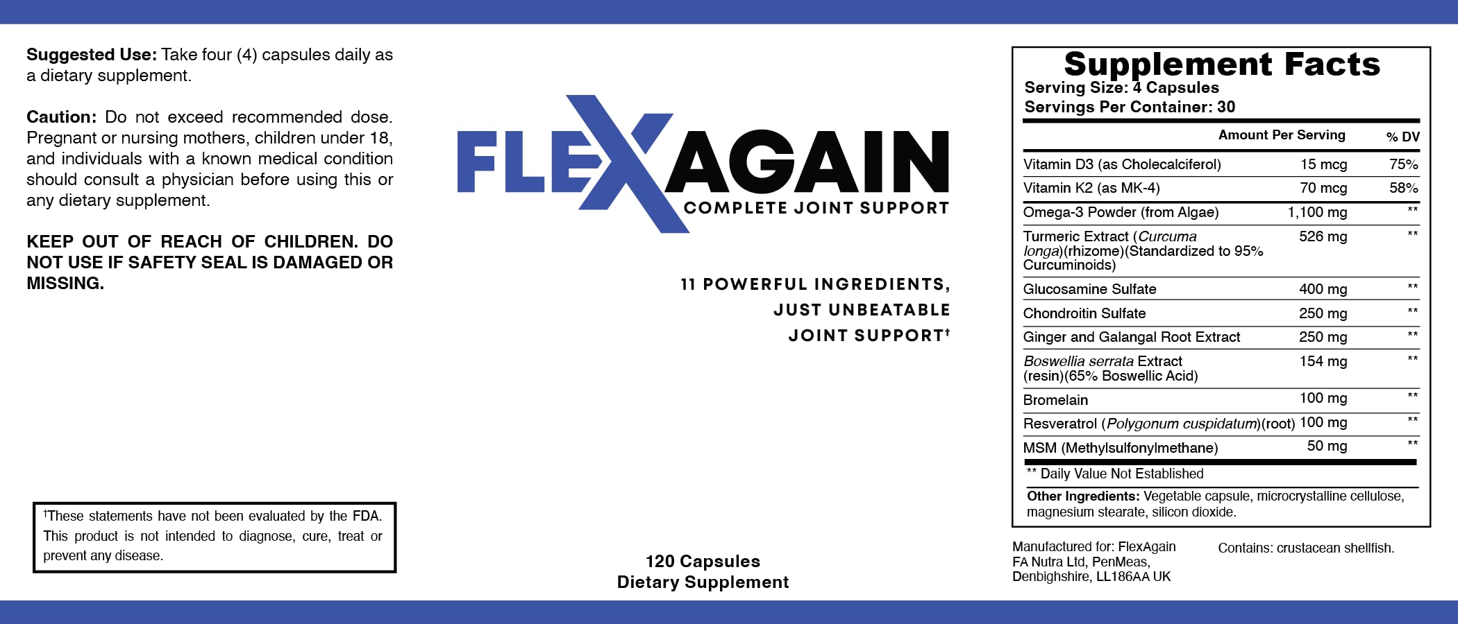 FlexAgain - Fully Comprehensive Joint Support - 120 Capsules - 1 Month Supply FlexAgain Au supplements