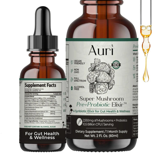 Auri Nutrition Super Mushroom Pre+Probiotic Elixir – 3-in-1 Gut Health Supplement w/7 Probiotic Strains, Prebiotic Mushrooms & Postbiotic Support – Vegan AuriAU supplements