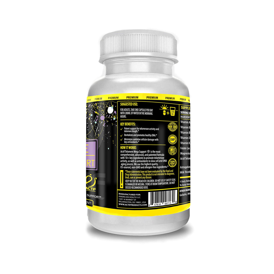 ACTIF Telomere Mega Support with 10+ Factors, Non-GMO, Telomerase and DNA Supplement for Energy, Memory and Anti-Aging, Made in USA, 60 Count ACTIF Au supplements