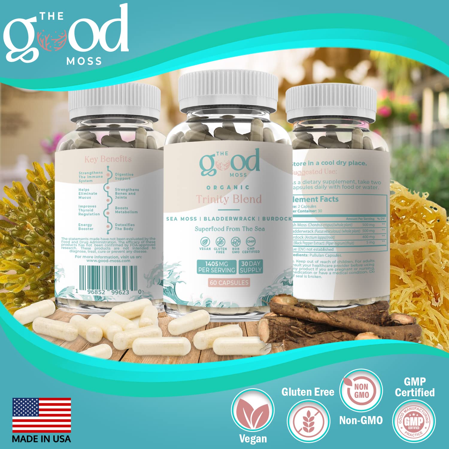 Trinity Blend Superfood -Sea Moss, Bladderwrack and Burdock Root Supplement for Overall Health Support, Hair, Skin and Nails 60ct The Good Moss Au supplements