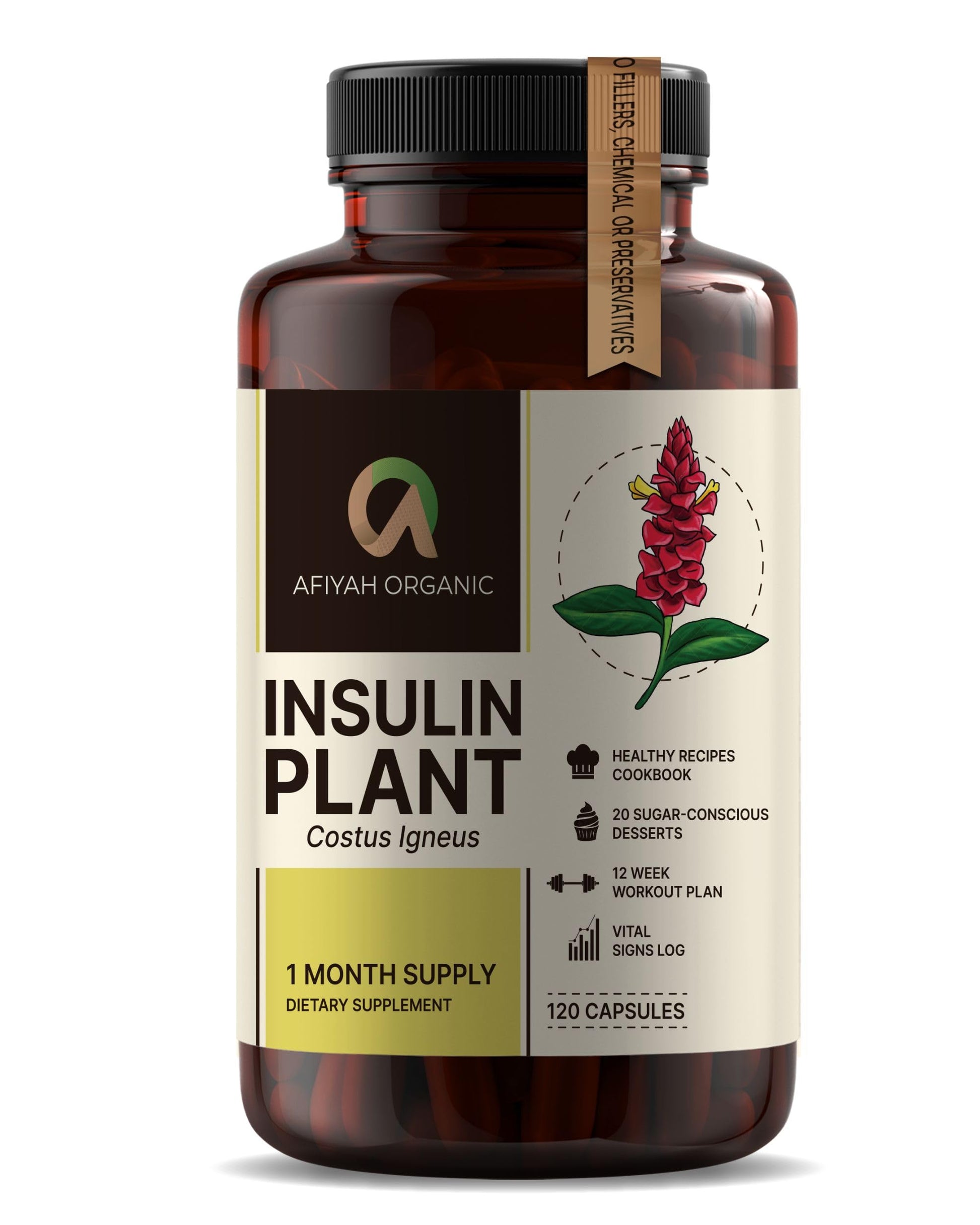 Afiyah Organic - Premium Quality Costus Igneus (Insulin Plant) Capsules - Easy to Swallow 120 Veggie Capsules (1 Month Supply) - Made in the USA - Including Complete Health Support Program Afiyah Organic Au supplements