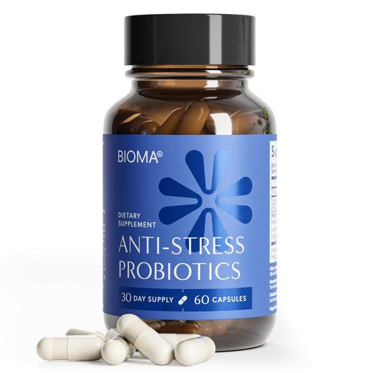 BIOMA Anti-Stress Probiotics – 3-in-1 Gut-Brain Axis Support for Stress Relief & Mood – Prebiotics, Postbiotics & Clinically Studied Strains – Vagus Nerve BIOMAUS supplements