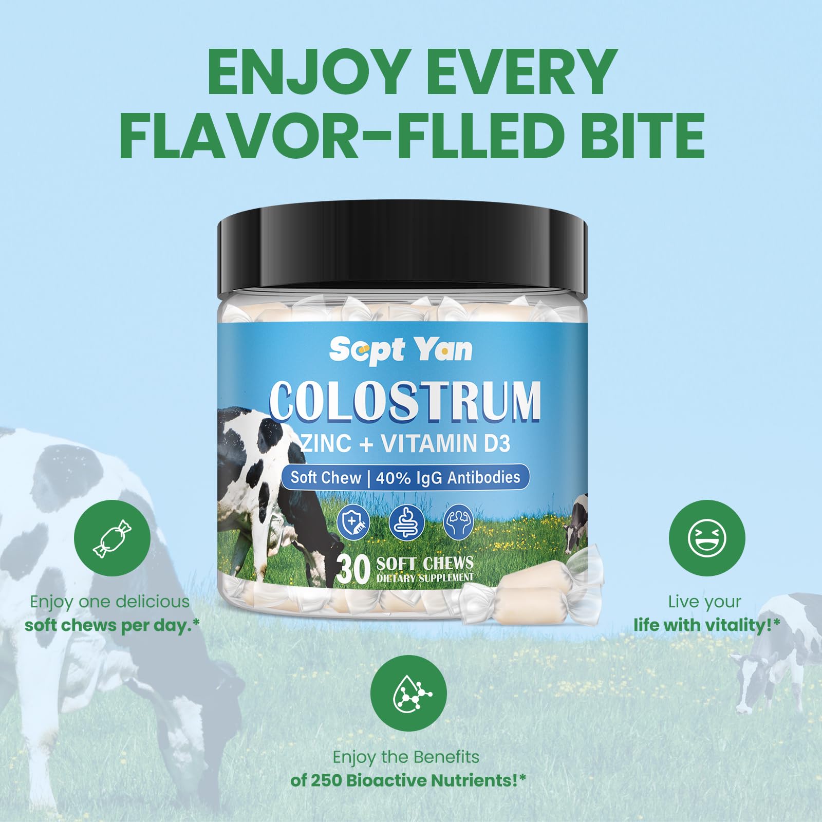 Colostrum Soft Chew Supplement (3000mg + 40% IgG), Concentrated Bovine Colostrum SEPT YAN Au supplements