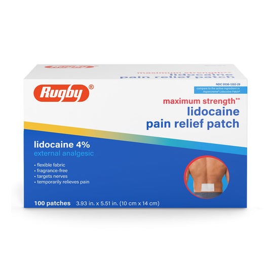 Rugby Maximum Strength 4% Lidocaine Pain Relief Patch- External Analgesic - Flexible Fabric, Fragrance-Free - Temporarily Relieves Pain - 100 Patches (10 cm x 14 cm Each) RUGBY LABORATORIESAu supplements
