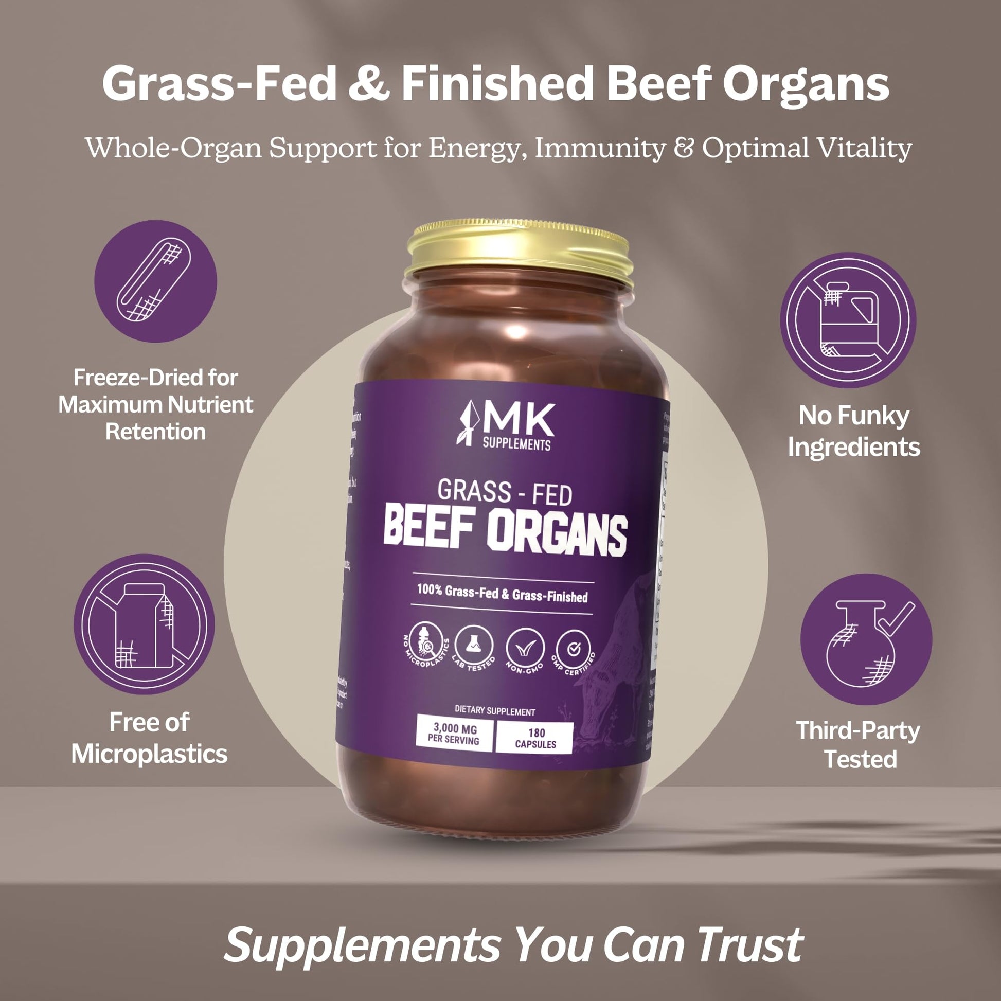 MK Supplements Grass-Fed Beef Organs Capsules | 5 Organs in Nature-Identical Ratios | B12, Copper & Heme Iron | Regeneratively Raised | 150 Capsules MK Supplements Au supplements