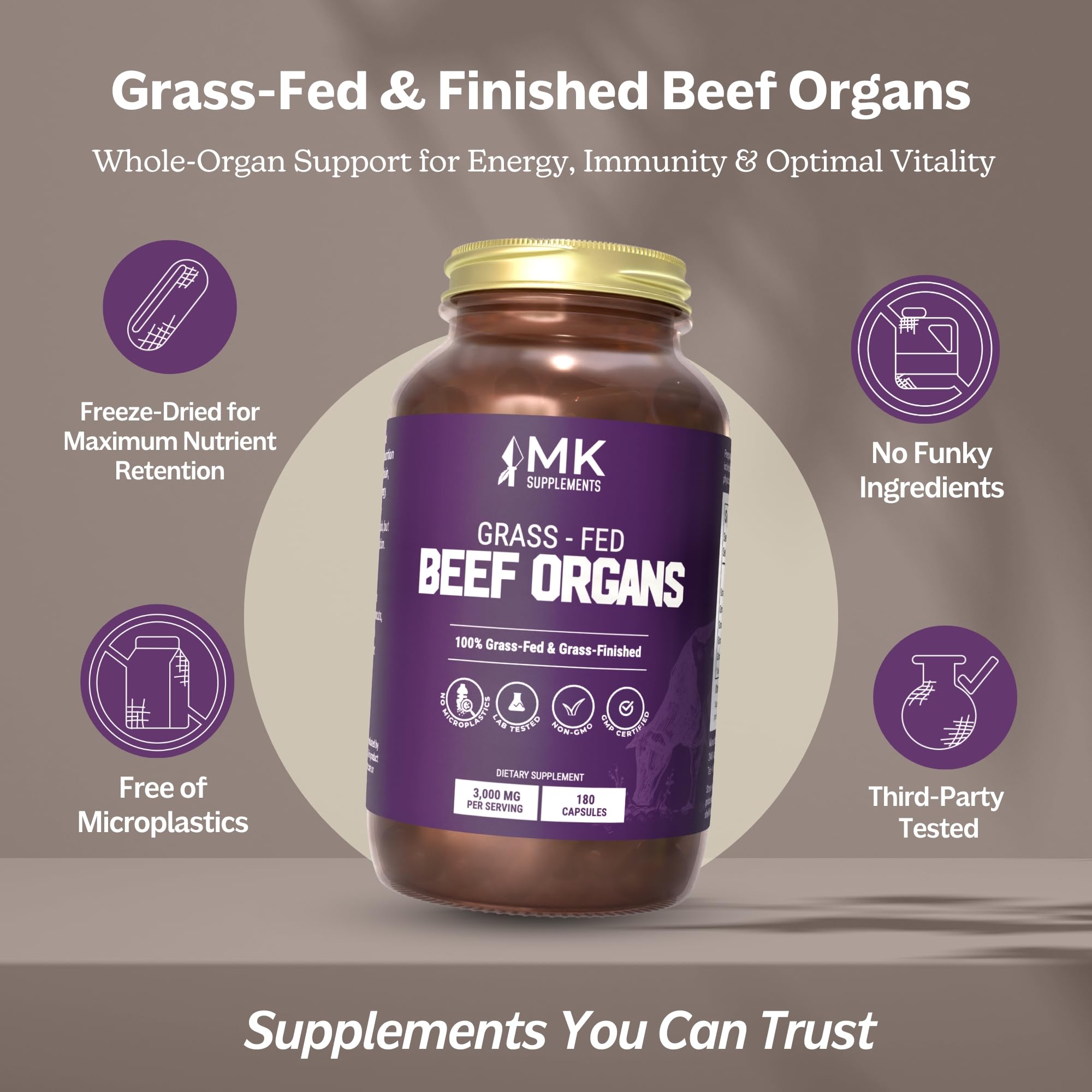 MK Supplements Grass-Fed Beef Organs Capsules | 5 Organs in Nature-Identical Ratios | B12, Copper & Heme Iron | Regeneratively Raised | 150 Capsules MK Supplements Au supplements