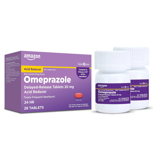 Amazon Basic Care Omeprazole Delayed Release Tablets 20 mg, Acid Reducer, Heartburn Medicine, 14-Day Course of Treatment, 28 Count Amazon Basic CareAu supplements