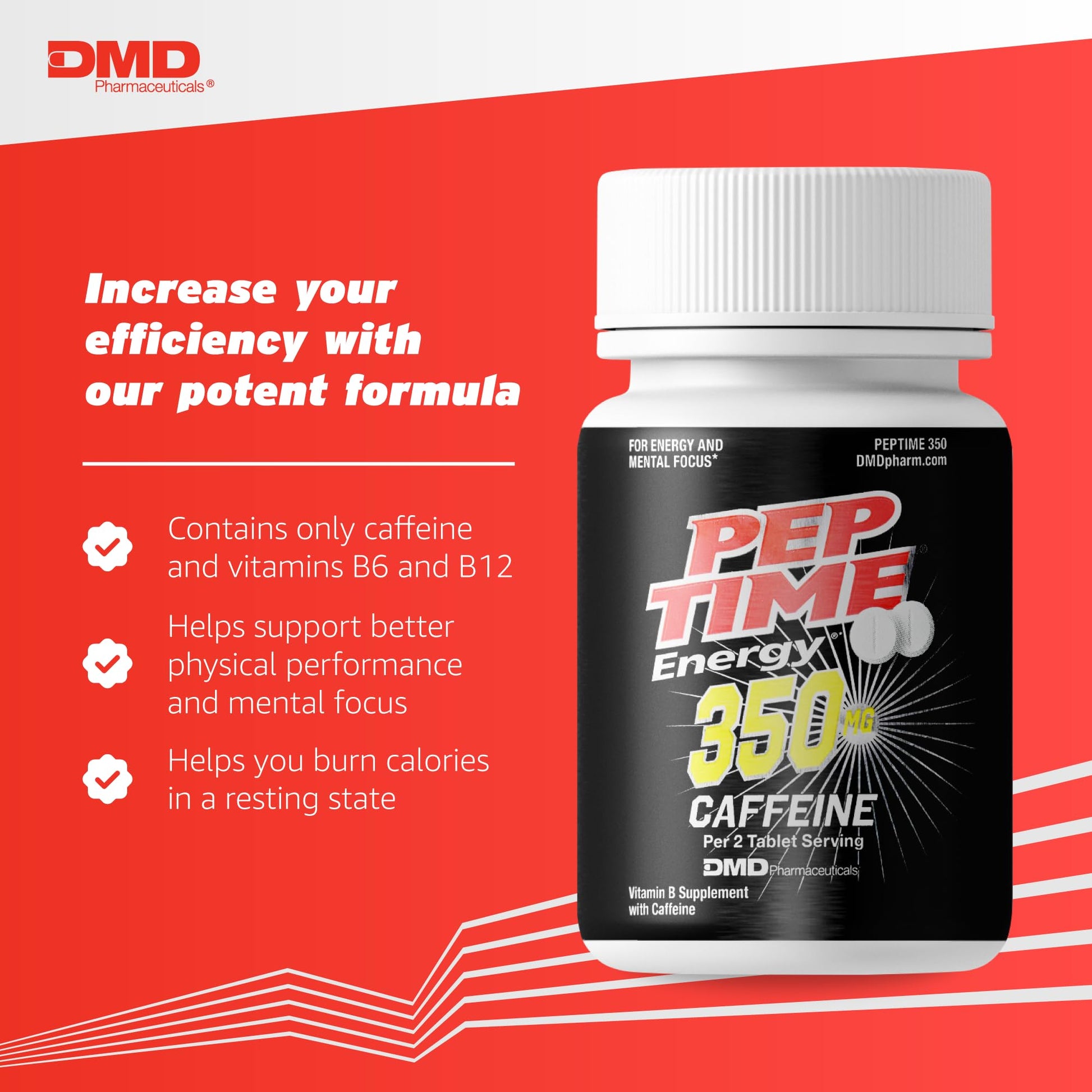 PEPTIME Energy Tablets, Vitamin B6 and B12 Caffeine Pills, 350 mg Caffein