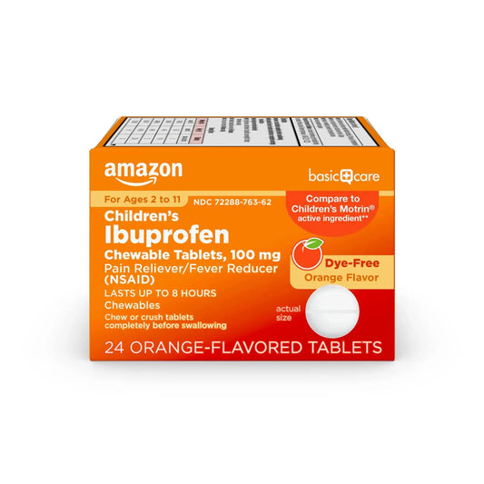 Amazon Basic Care Children's Ibuprofen Chewable Tablets 100 mg, Orange Flavor, Dye Free, Pain Reliever and Fever Reducer (NSAID), For Ages 2-11, 24 Count Amazon Basic CareAu supplements