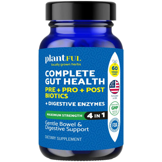4-in-1 Pre Post Probiotics & Digestive Enzymes - Complete Gut Health & Digestive Support for Women & Men - Prebiotic Probiotic & Postbiotic Gas & Bloating Relief – 60 Non GMO Capsules PLANTFUL RESEARCHAU supplements