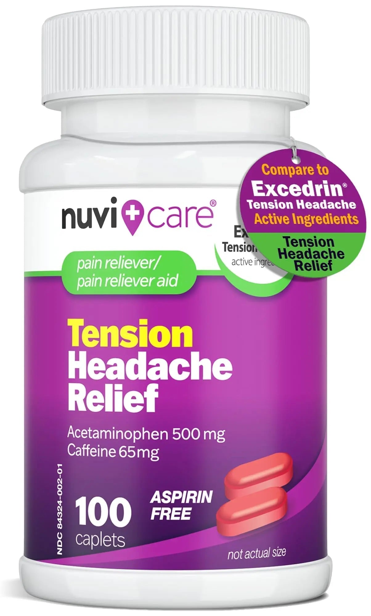 Nuvicare Tension Headache Relief Pills with 500mg Acetaminophen and 65mg Caffeine - Non Aspirin Pain Reliever Aid - Compare to Active Ingredient in Aspirin Free Excedrin Tension Headache (100 Caplets) NUVICARE Au supplements
