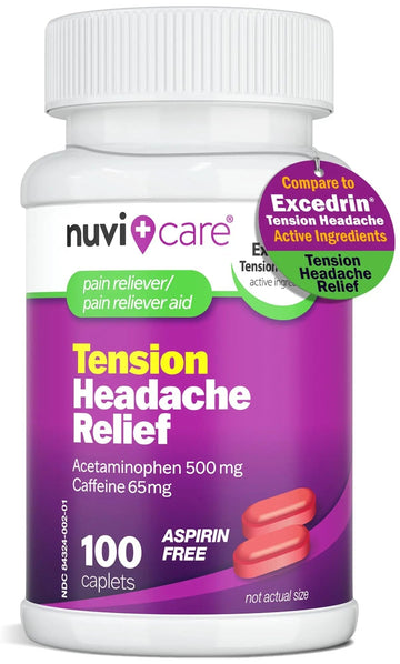 Nuvicare Tension Headache Relief Pills with 500mg Acetaminophen and 65mg Caffeine - Non Aspirin Pain Reliever Aid - Compare to Active Ingredient in Aspirin Free Excedrin Tension Headache (100 Caplets) NUVICARE Au supplements