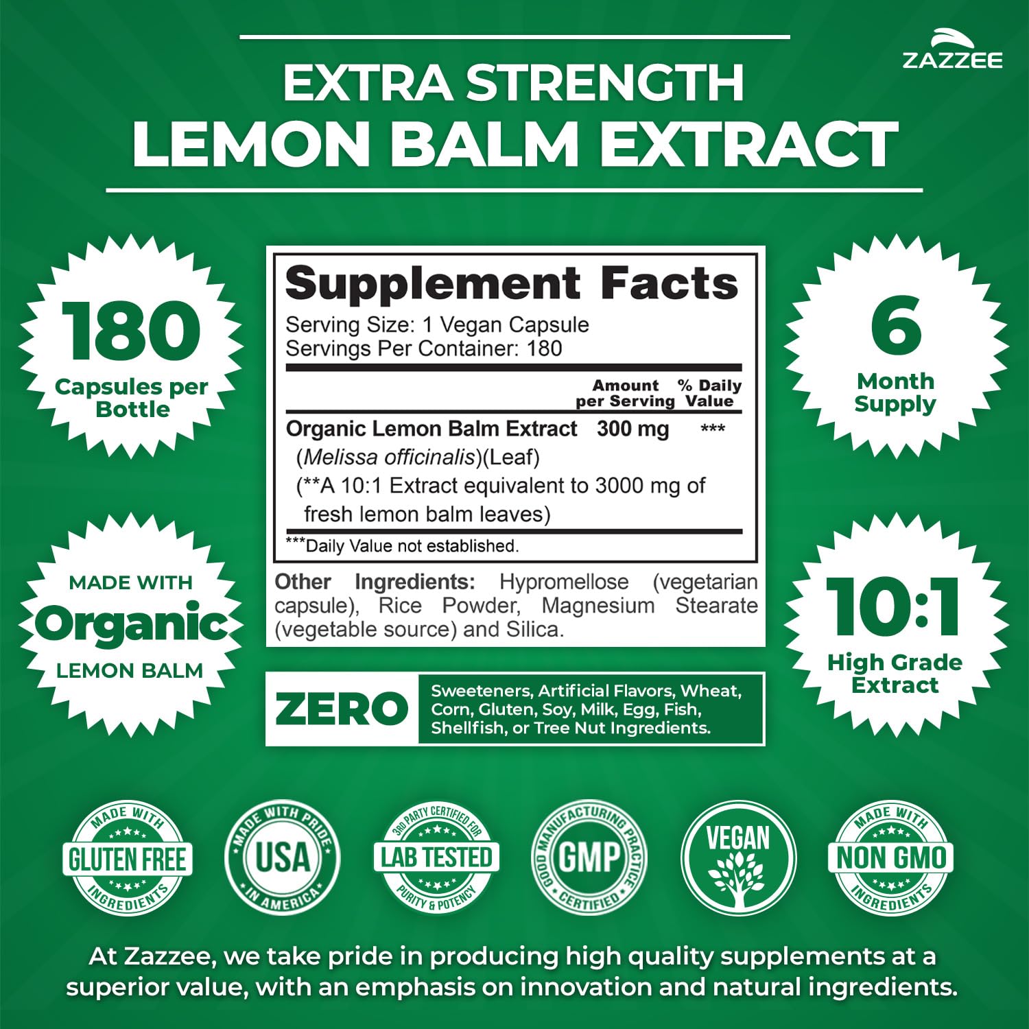 Zazzee Organic Lemon Balm 10:1 Extract, 180 Vegan Capsules, 6 Month Supply, Melissa Officinalis, Calm, Mood, Stress & Relaxation Support, Herbal Supplement, All-Natural, Non-GMO, Made in the USA Zazzee Au supplements