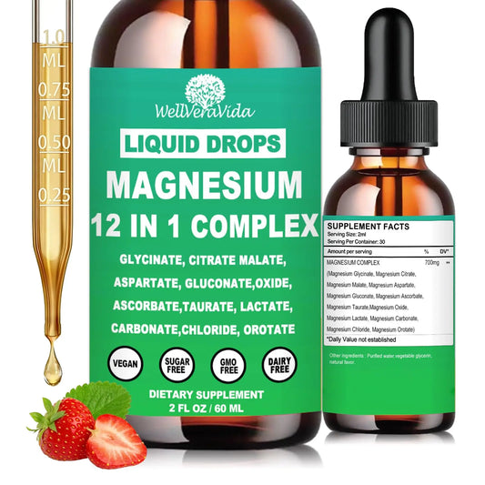 WellVervida magnesium liquid drops with a dropper and strawberries on a white background
