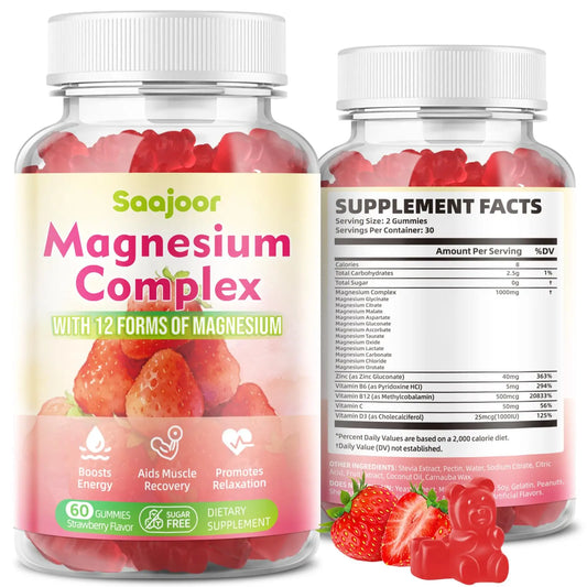 Magnesium Complex Gummies – with 12 Forms of Magnesium (Citrate, Glycinate, Malate, Oxide, and More) Plus Vitamins B6, B12, and C. for Women and Men – Strawberry Flavor, 60 Count SaajoorAu supplements