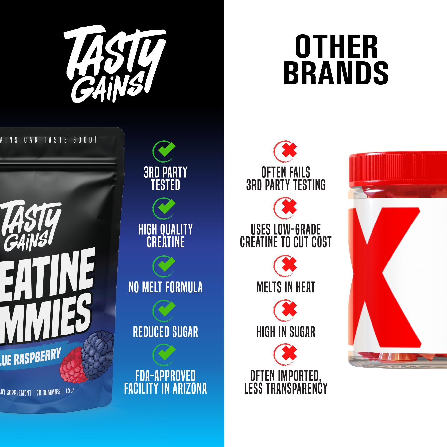 TASTY GAINS Creatine Gummies - 90g of Creatine Monohydrate - Workout Supplements - Build Muscle & Boost Strength for Men & Women - Made in USA - Non GMO - Vegan Friendly (Large, Blue Raspberry) TASTY GAINS Au supplements
