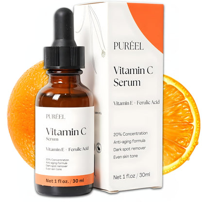 Puréel 20% Vitamin C Serum for Face – Brightening Serum with Vitamin E & Ferulic Acid – Anti-Aging, Dark Spot Remover, Even Skin Tone, Wrinkle Reduction & Radiant Glow – 1 fl oz Purify. buy supplements Au