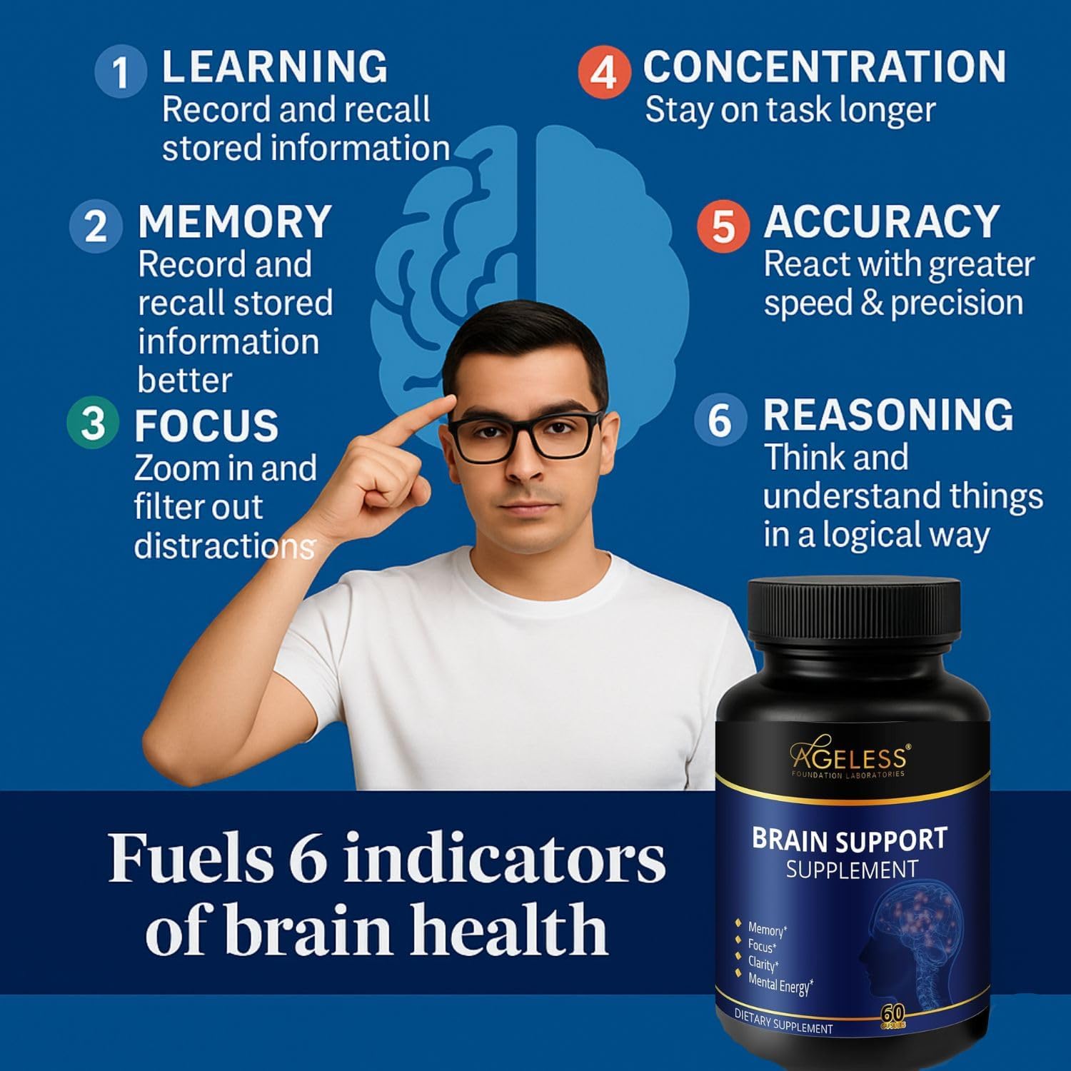 Ageless Brain Supplements for Memory and Focus 1000 MG | Cognitive Improvement | Formulated with Clinically Studied Ingredients | Support Mental Clarity & Neuro Health | Vitamin B6, B12, 60 Capsules Ageless Foundation Laboratories Au supplements
