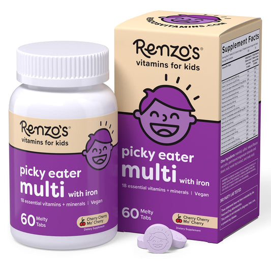 Renzo's Picky Eater Kids Multivitamin with Iron - Dissolvable Kids Vitamins with Iron, Zinc, Vitamin C, Vitamin D, E & K, Sugar-Free Melty Tabs, Cherry Flavor Renzo'sUS supplements