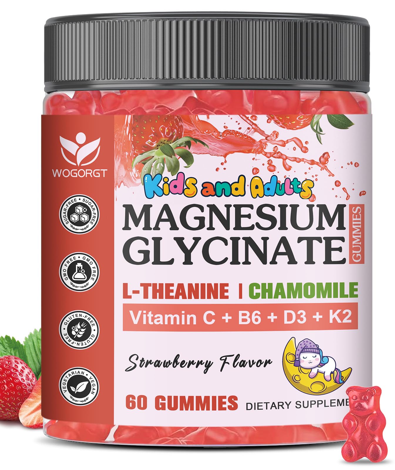 Magnesium Glycinate Gummies for Kids & Adults - Relaxation & Cognition Support - 400/200mg Magnesium Supplement with L-Theanine, Chamomile, B6, D3 & K2 - Vegan, Sugar Free, Strawberry Flavor, 60 Ct WOGORGT Au supplements