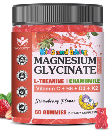 Magnesium Glycinate Gummies for Kids & Adults - Relaxation & Cognition Support - 400/200mg Magnesium Supplement with L-Theanine, Chamomile, B6, D3 & K2 - Vegan, Sugar Free, Strawberry Flavor, 60 Ct WOGORGT Au supplements