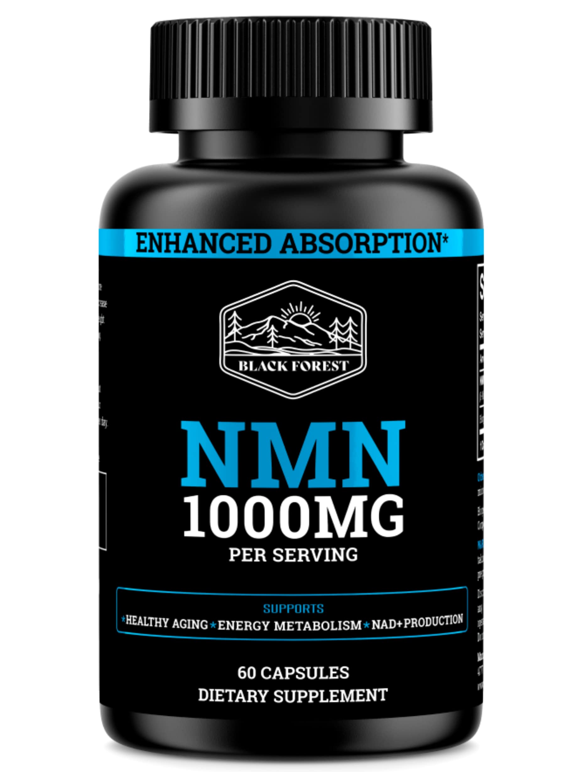 Black Forest NMN Supplements 1000mg (Nicotinamide Mononucleotide) 99% Pure, Stabilized Form, BioPerine® for Enhanced Bioavailability (60 Capsules) (NMN 1000mg per Serving) NAD Supplement for NAD Black Forest Au supplements