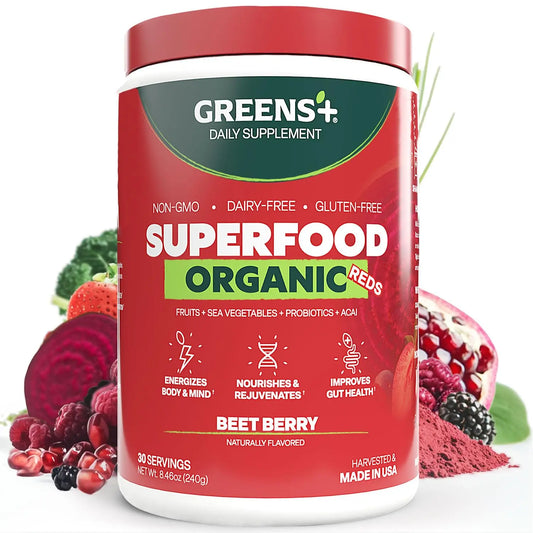 Greens+ Organic Reds Superfood Powder, Antioxidant, Polyphenol, Blend for Morning Kick, Energy, Vitality Boost, Nutrition, Vibrant Health, Vegan Soy/Dairy/Gluten Free(8.46oz) Greens+AU supplements