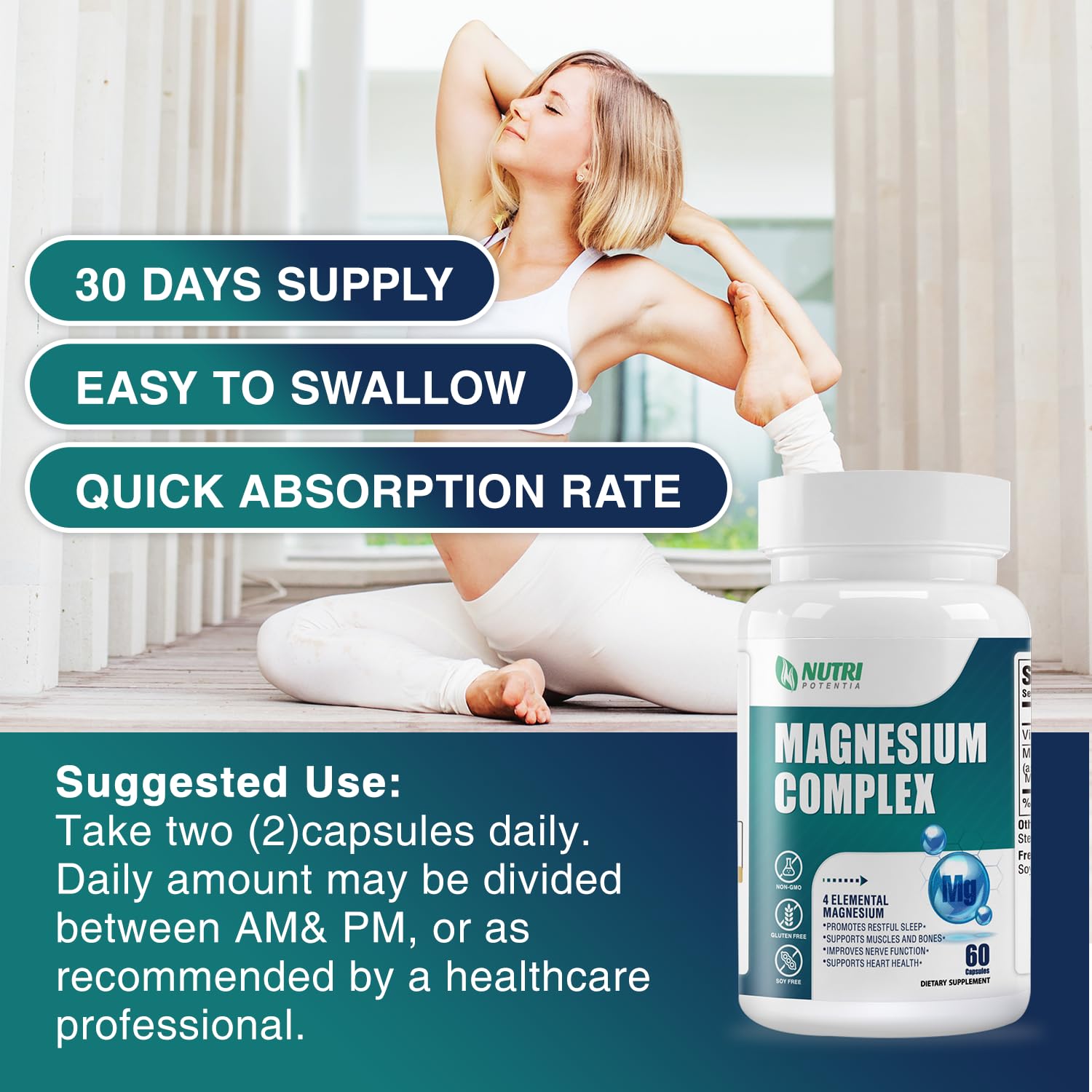 Magnesium Complex for Women&Men,With Glycinate Malate Citrate Taurate.Support for Sleep,Stress Relief,Cognitive Function,Magnesium Supplement 500mg,Third-Party Tested(Made & Tested in USA)-60 Capsules NUTRI POTENTIA Au supplements