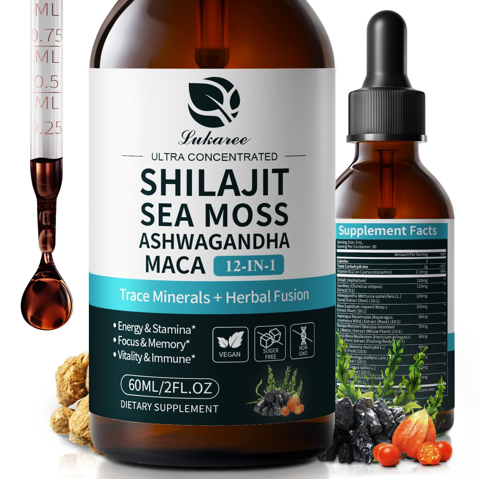 Shilajit Liquid Drops, 12-in-1 Complex - Sea Moss, Ashwagandha, Maca, Fulvic Acid, Trace Minerals, Liquid Vitamins Supplement for Men and Women, Energy, Antioxidant, Immune Support, 60ML/2 FL Oz Lukaree Au supplements