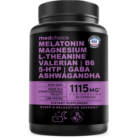12-in-1 Melatonin Sleep Capsules - Natural Sleep Aids for Adults with Melatonin 5mg and Magnesium Glycinate 500mg, Sleep Aid with Ashwagandha, L Theanine, Valerian Root, GABA, 5-HTP (90ct, Pack of 1) MEDCHOICEAU supplements