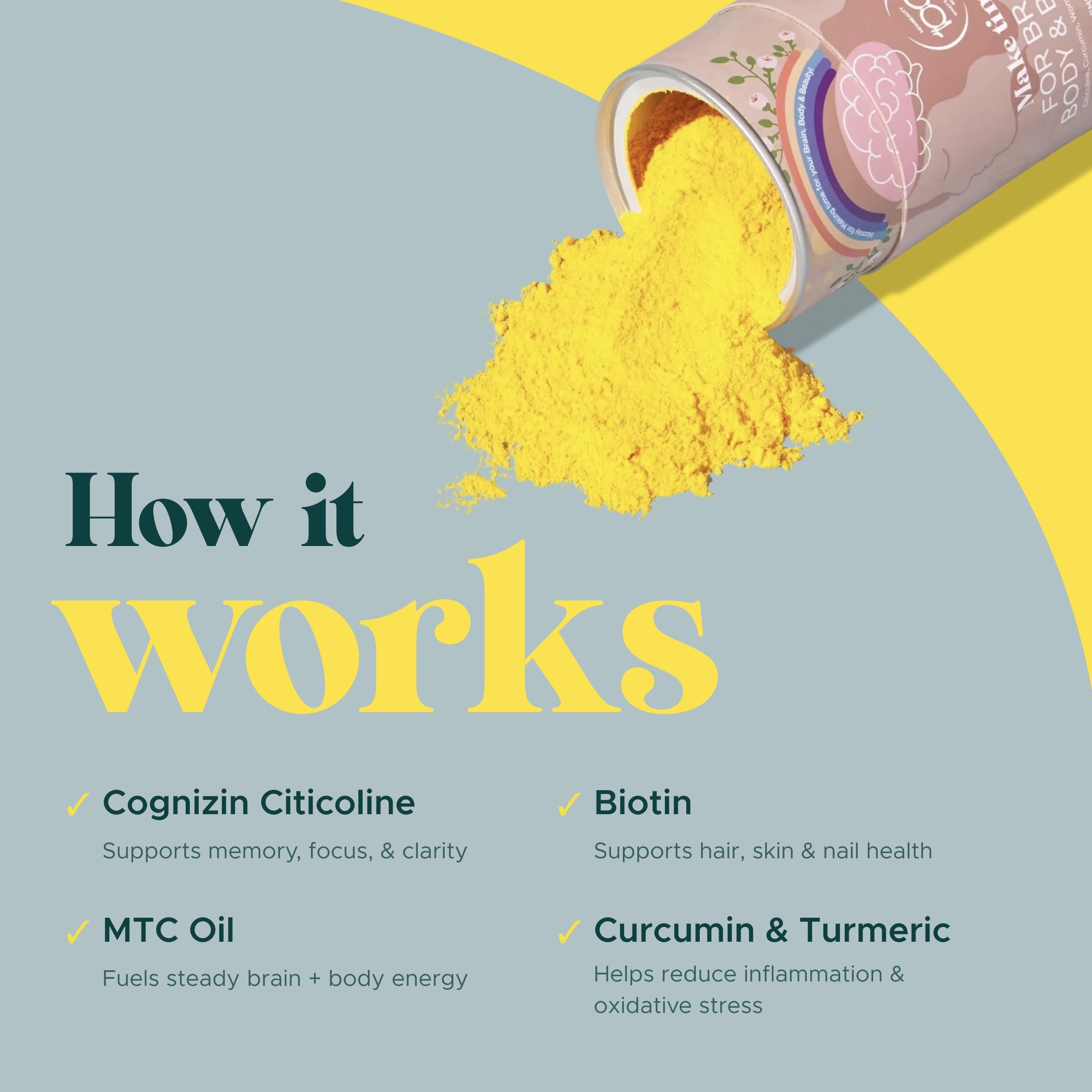 MAKE TIME Brain Health Powder Supplement for Women for Mood, Focus & Energy Boost | Cognizin, Biotin, Vitamin B6, B12, MCTs, Acetyl-L-carnitine, and Curcumin 7.4 oz (30 Servings) MAKE TIME Au supplements
