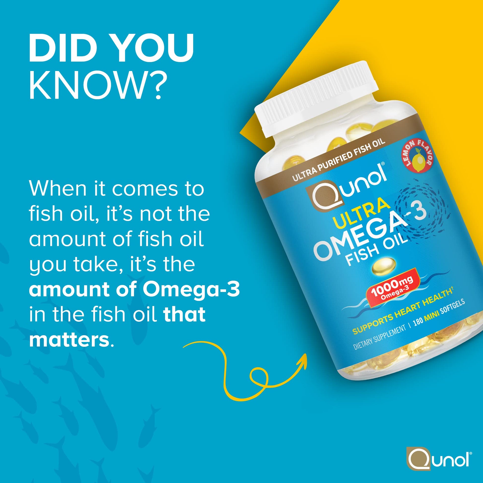 Qunol Fish Oil Omega 3 Mini Softgels, 1000mg Omega 3 EPA + DHA, Ultra Pure Supplements, Heart Health Support, Lemon Flavor, Easy to Swallow Minis, 3 Month Supply, 180 Count Qunol Au supplements