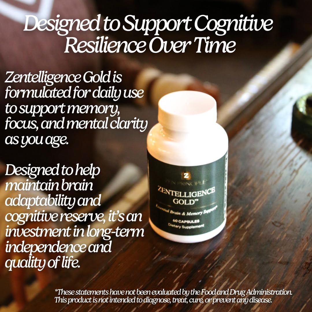 Zen Principle Zentelligence™ Gold Brain Supplement – Memory, Focus & Mental Clarity. Premium Cognitive Support for Adults 40+ with Magnesium, Vitamin D3, CoQ10, Vitamin B12 & L-Theanine. 60 Capsules Zen Principle Au supplements