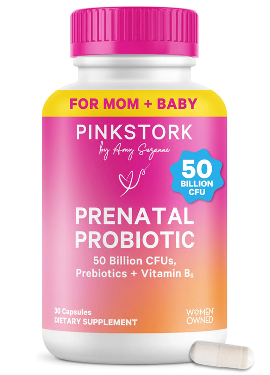 Pink Stork Prenatal Probiotic for Women with 50 Billion CFU | Vitamin B6 & Prebiotics | Pregnancy Probiotics for Morning Sickness | Digestive, Immune, & Gut Health | Vegan & Gluten-Free | 30 Capsules Pink StorkAU supplements