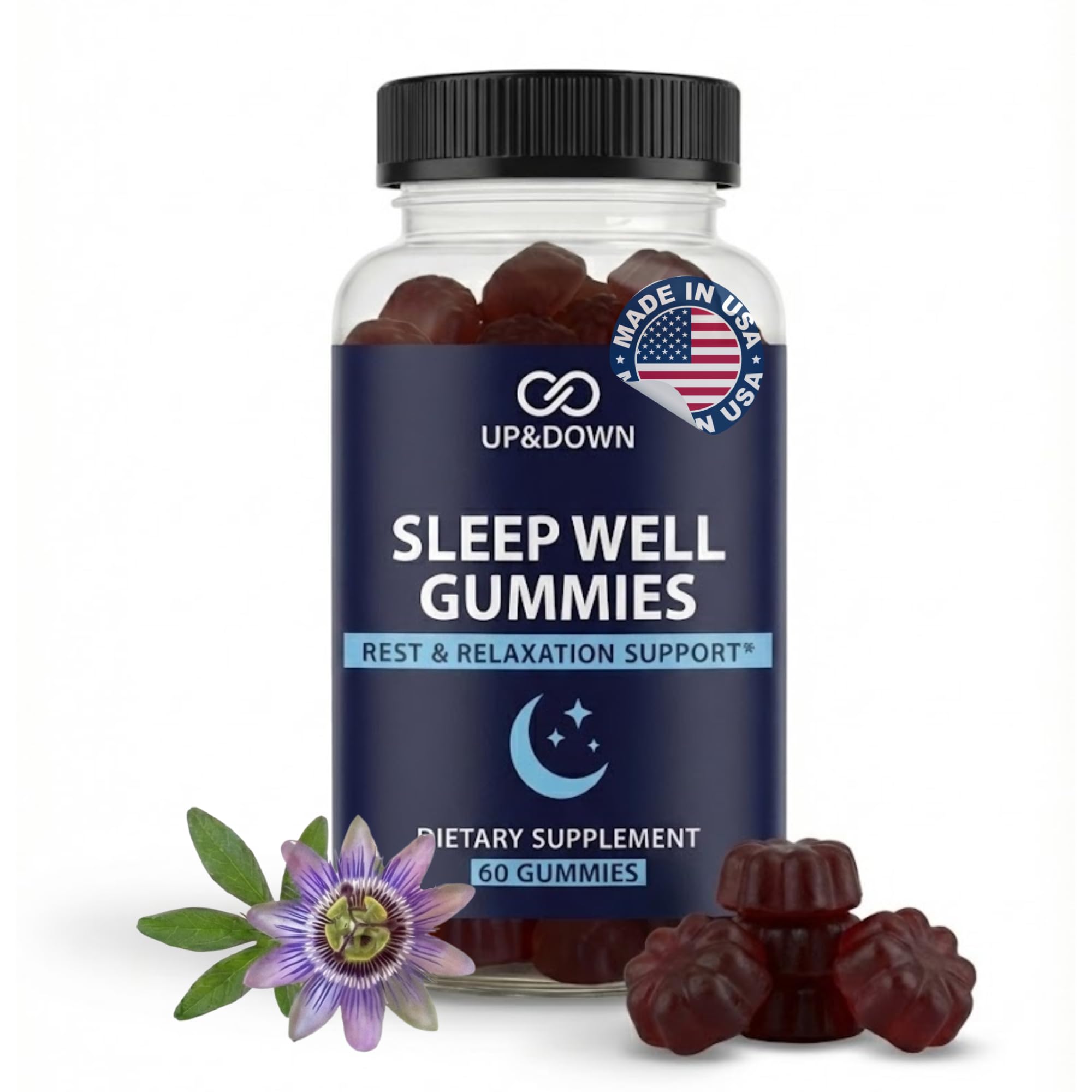 Up&Down Supplements Sleep Well Gummies | Deeper Sleep, Relaxation, Rest & Recovery Support | Melatonin, Vitamin B6 & Passionflower | Made in USA | Vegan, Non-GMO, Gluten Free | 60 Sleep Gummies Up&Down Supplements Au supplements
