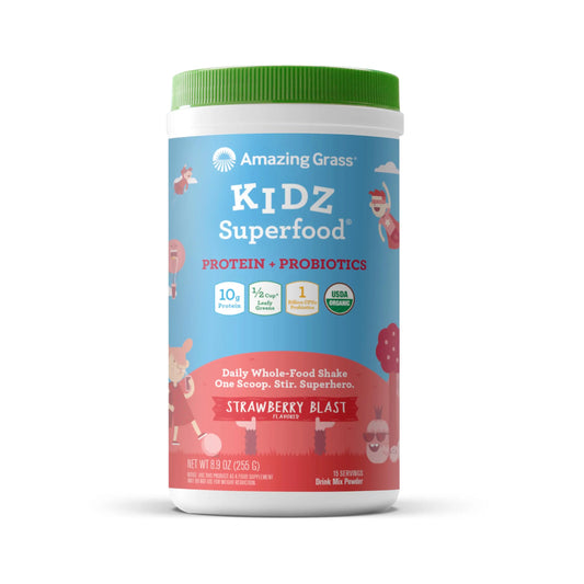 Amazing Grass Kidz Superfood: Vegan Protein & Probiotics for Kids with Beet Root Powder & 1/2 Cup of Leafy Greens, Strawberry Blast, 15 Servings Amazing GrassAU supplements