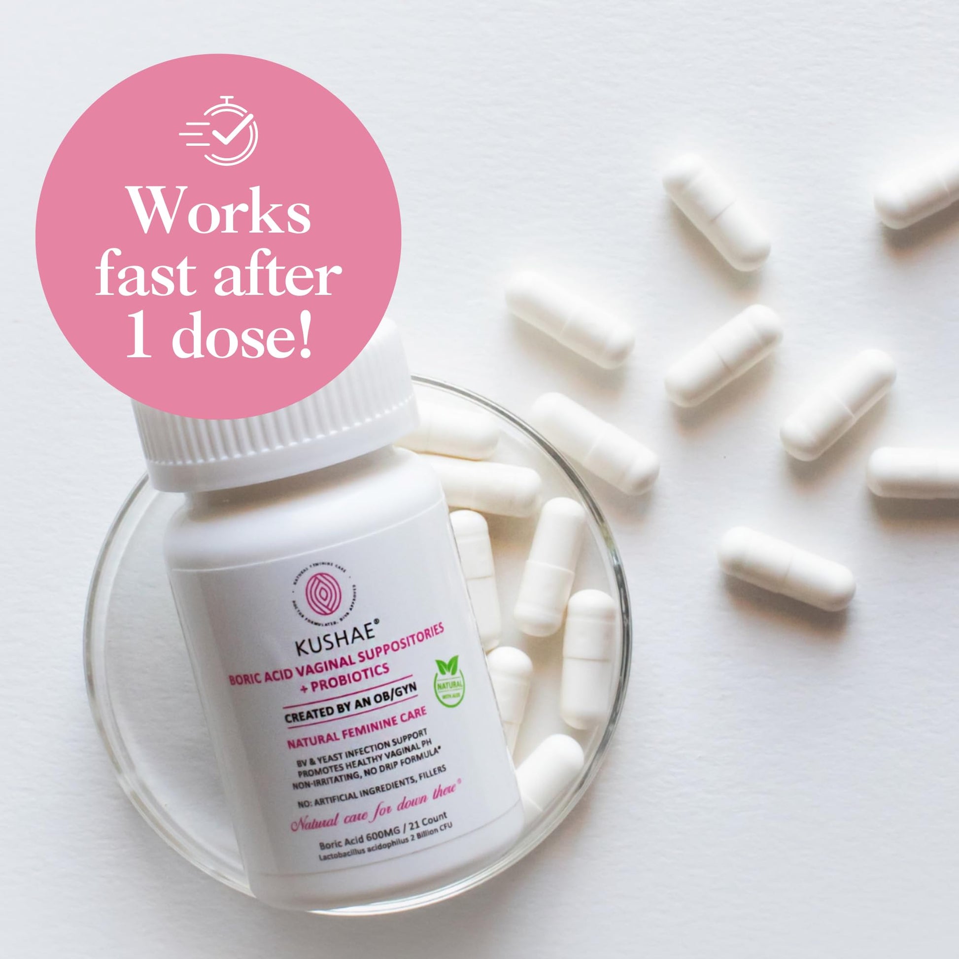 Kushae Boric Acid Suppositories + Rapid Relief, All Natural Female Suppositories with Probiotics & Aloe Vera, Relieves Discomfort & Balances pH Level Bottle Only 21 Capsules KushaeUS supplements