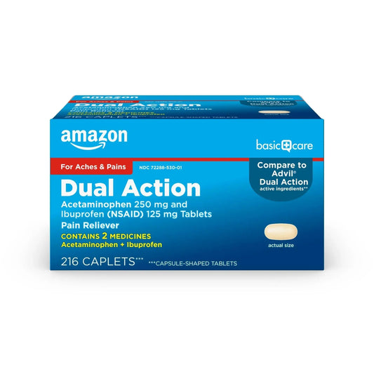 Amazon Basic Care Dual Action Acetaminophen 250 mg and Ibuprofen (NSAID) 125 mg Tablets, Pain Reliever for Headache, Backache, Menstrual Pain, Arthritis Pain Relief, 216 Count Amazon Basic CareAu supplements