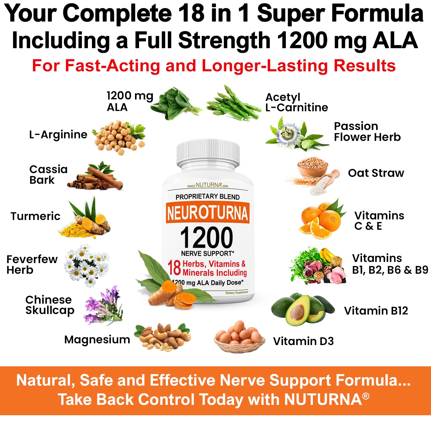 Neuroturna Support Supplement with 1200 mg Pure Alpha Lipoic Acid - Maximum Strength Formula with ALA + Vitamins + Minerals + Herbs - Best Natural Support - 180 Capsules Nuturna Au supplements